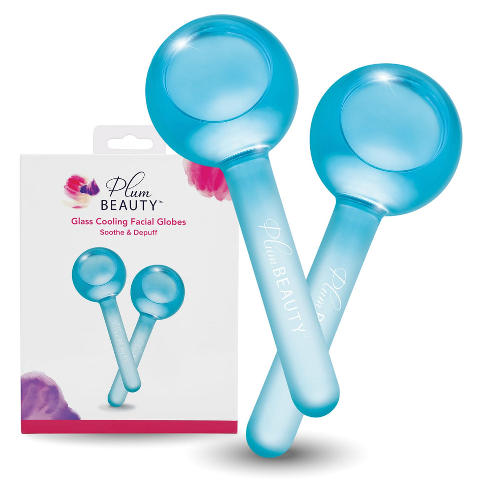 Plum Beauty front view of cooling globes showing clean packaging and tools benefit depuffing