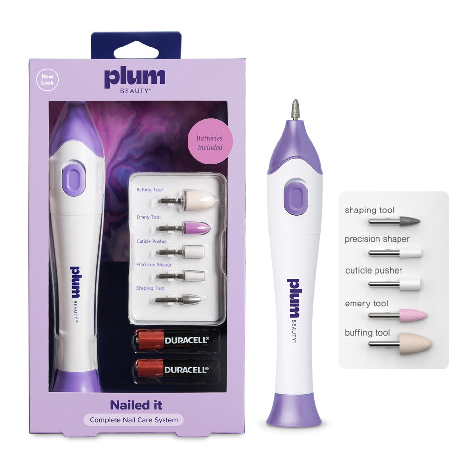 Plum Beauty front view of cordless electric nail drill showing sleek design and portability