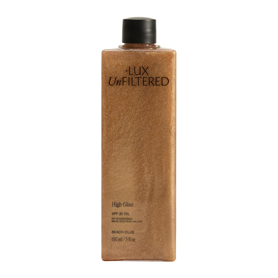 +Lux Unfiltered front packaging showing bottle and SPF 30 benefit