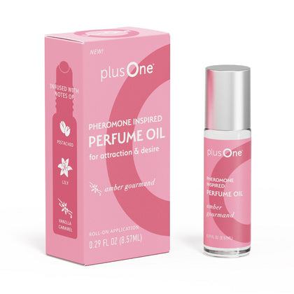 plusOne front bottle showing amber gourmand fragrance, elegant compact design