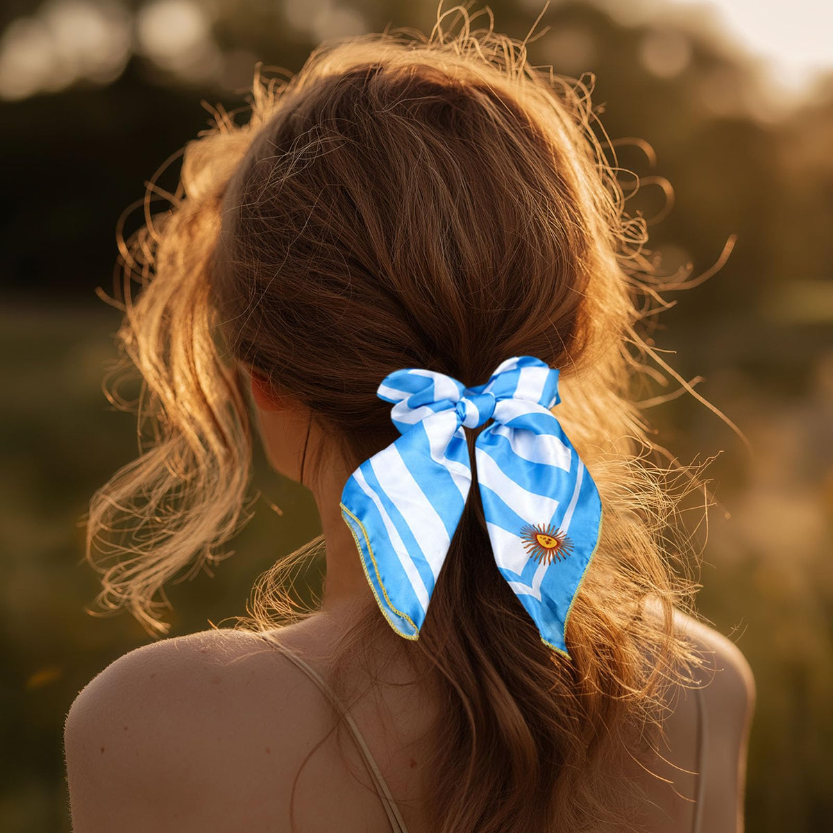 PMAIHNAS longtail scrunchie next to a hand showing size and stretch for all hair