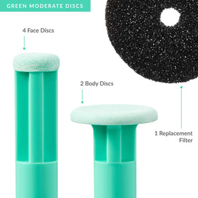 Close-up of PMD Beauty small green face disc texture, precise moderate exfoliation