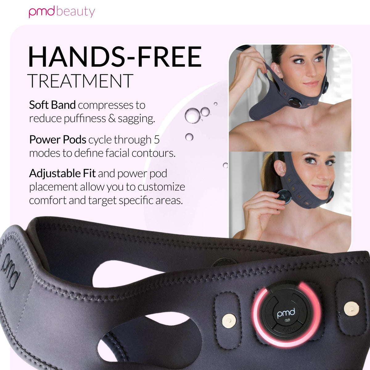 PMD Beauty power pods and controls laid out showing customizable settings benefit