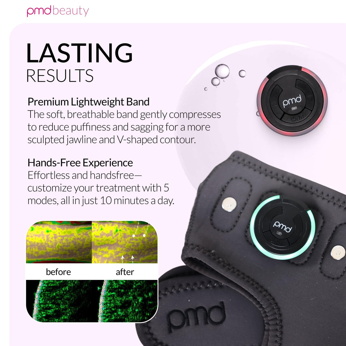 PMD Beauty band next to a hand showing compact size and portability benefit