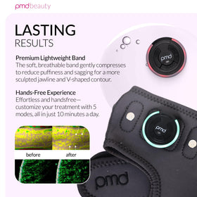 PMD Beauty band next to a hand showing compact size and portability benefit