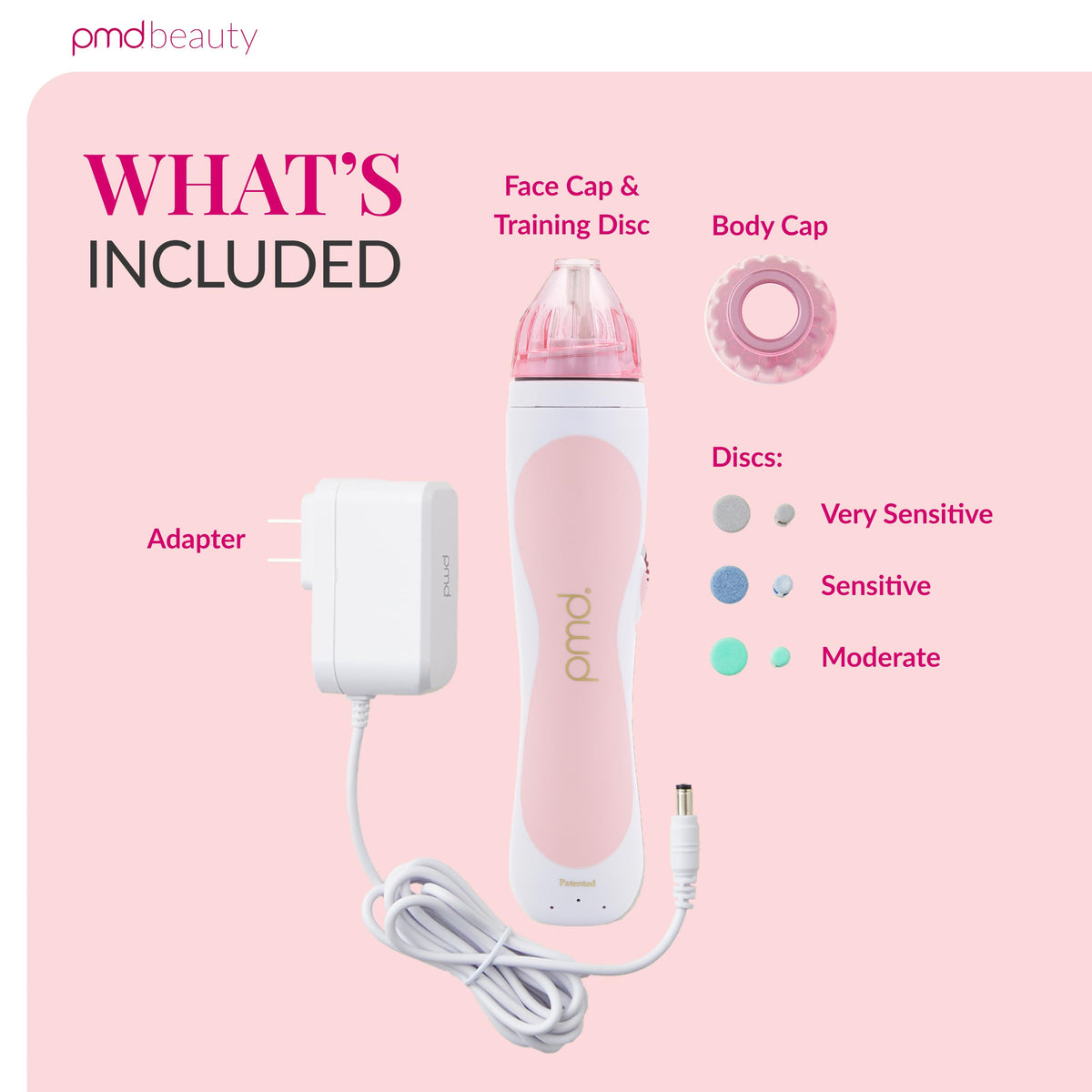 PMD Beauty device back label and controls highlight adjustable suction settings for tailored skincare routines