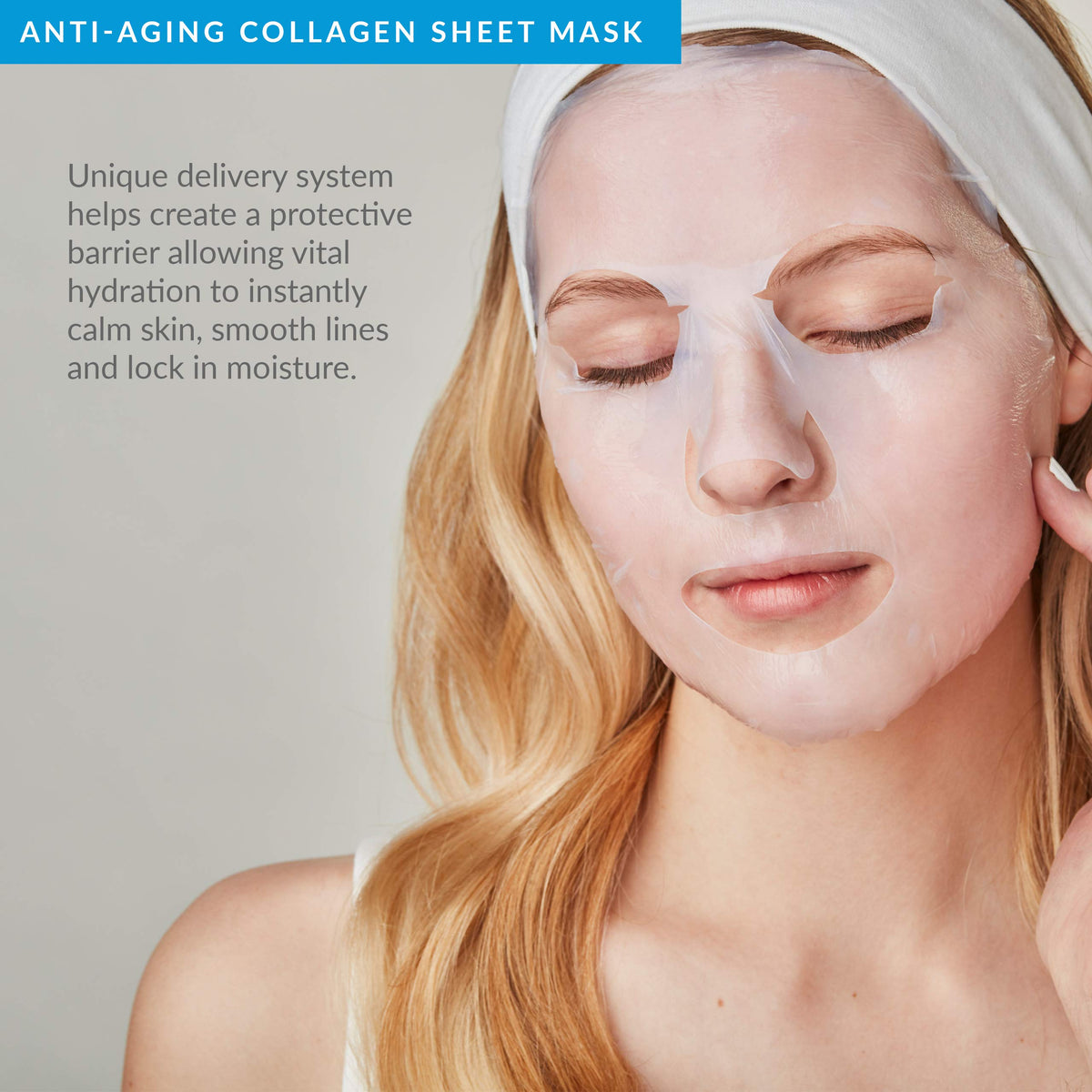 PMD model wearing sheet mask demonstrating soothing post-treatment use