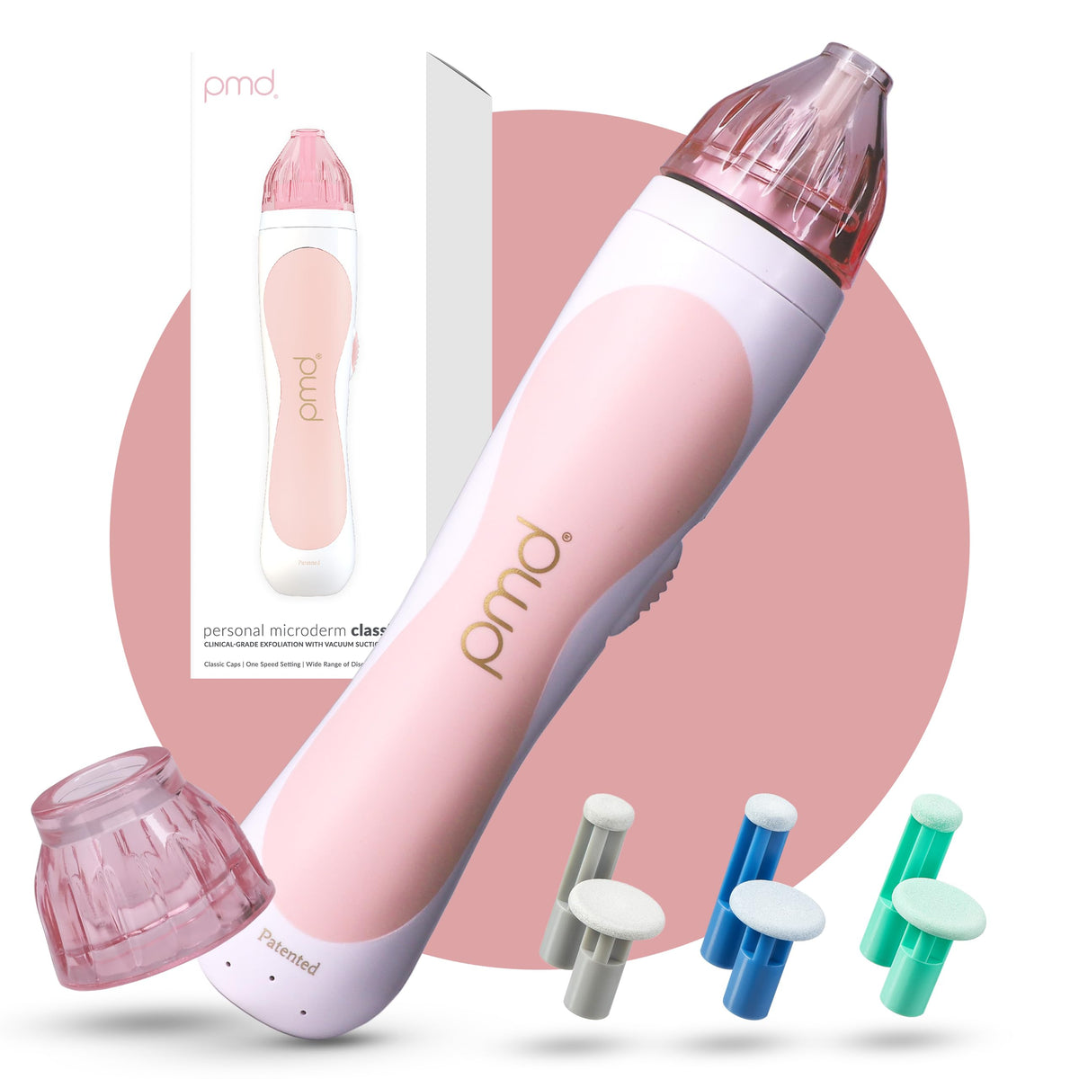 PMD Beauty front view of Personal Microderm Classic showing compact design and blush color benefiting home exfoliation