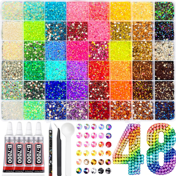 PNTNQA front packaging box showing organized 48-color rhinestone kit benefit: easy storage
