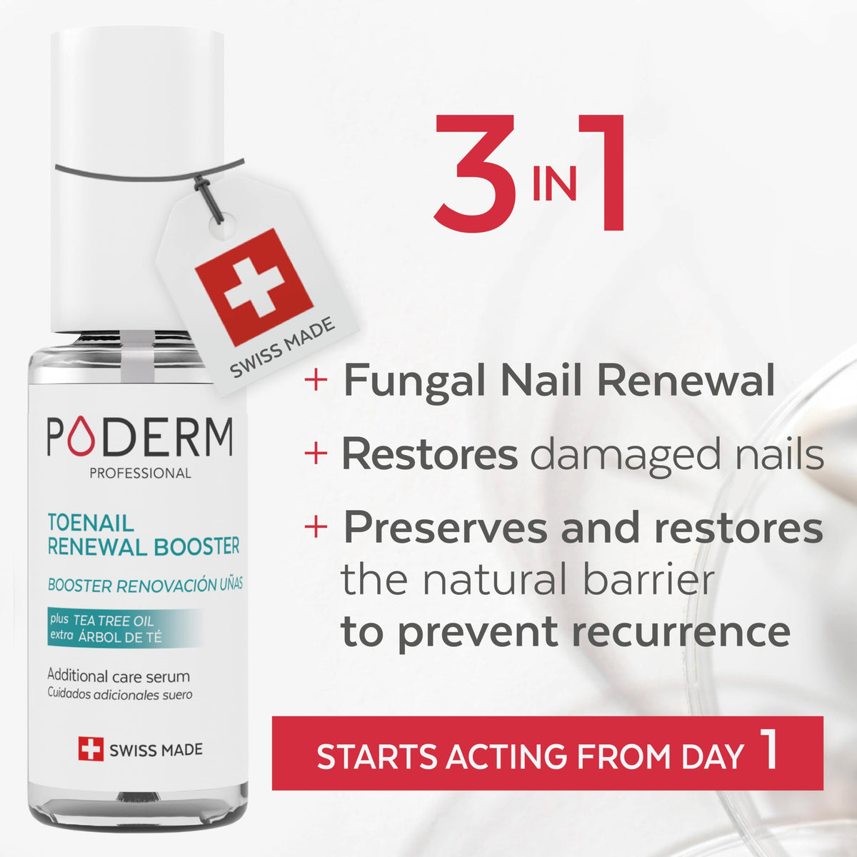 PODERM dropper application over toenail demonstrating precise, mess-free use