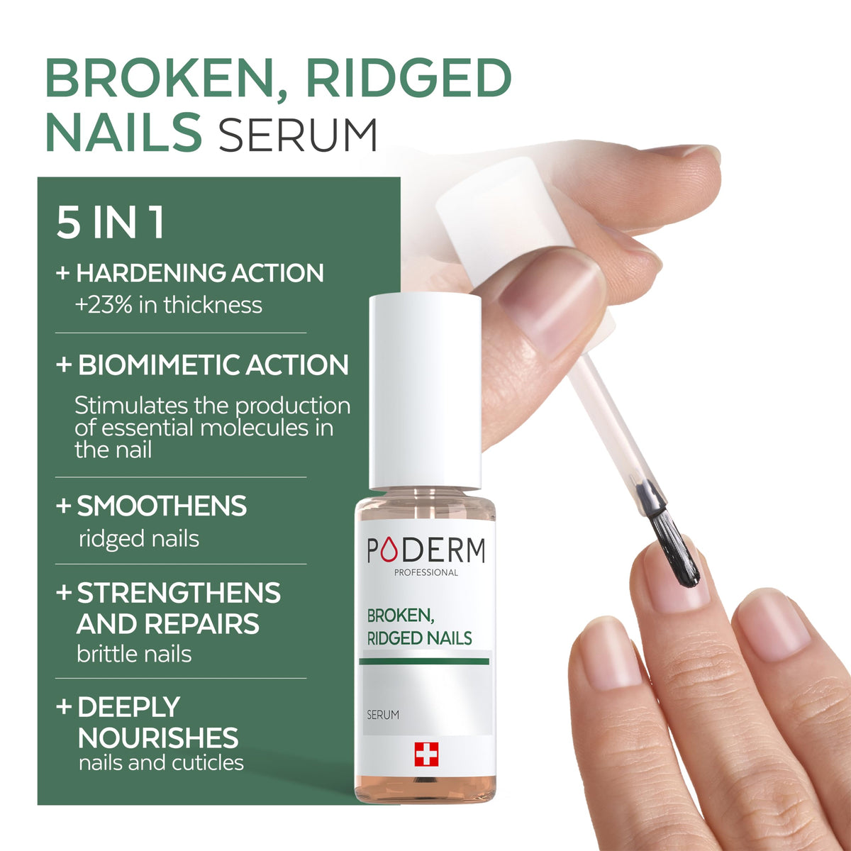PODERM serum dropper releasing oil highlighting precise application benefit