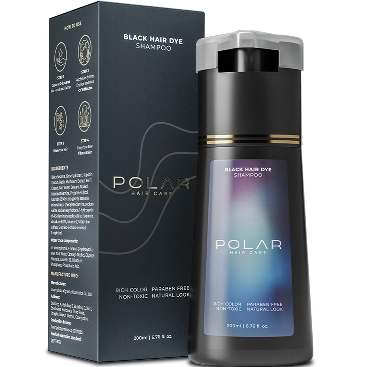 POLAR HAIR CARE front packaging showing jet black dye and benefits