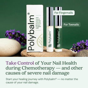 polybalm next to a hand for scale showing compact travel-friendly size