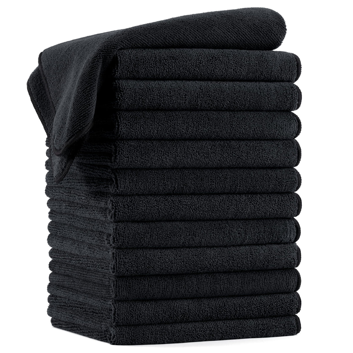 POLYTE front view of 12-pack black towels shows professional supply benefit