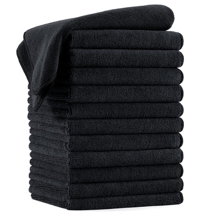 POLYTE front view of 12-pack black towels shows professional supply benefit