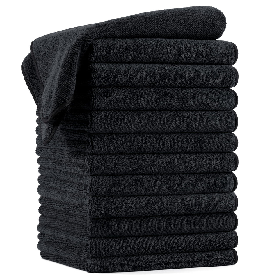 POLYTE front view of 12-pack black towels shows professional supply benefit