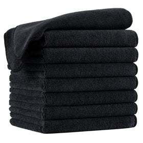 POLYTE front pack of black towels showing professional quantity and quick-dry benefit