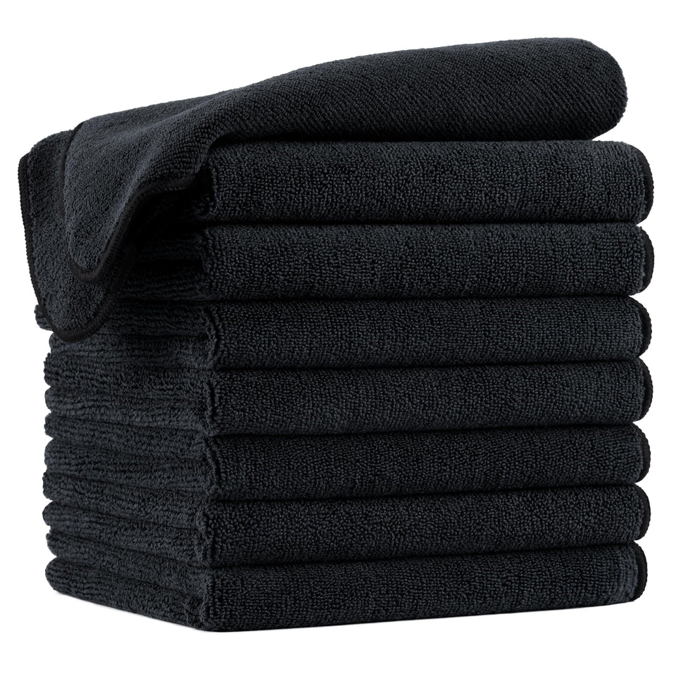 POLYTE front pack of black towels showing professional quantity and quick-dry benefit