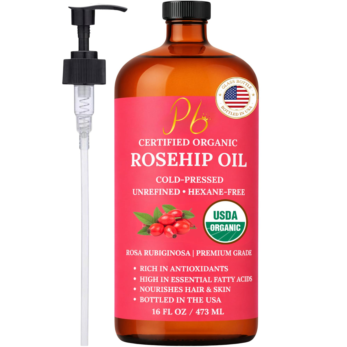 Pomberries bottle front view showing organic rosehip oil benefits