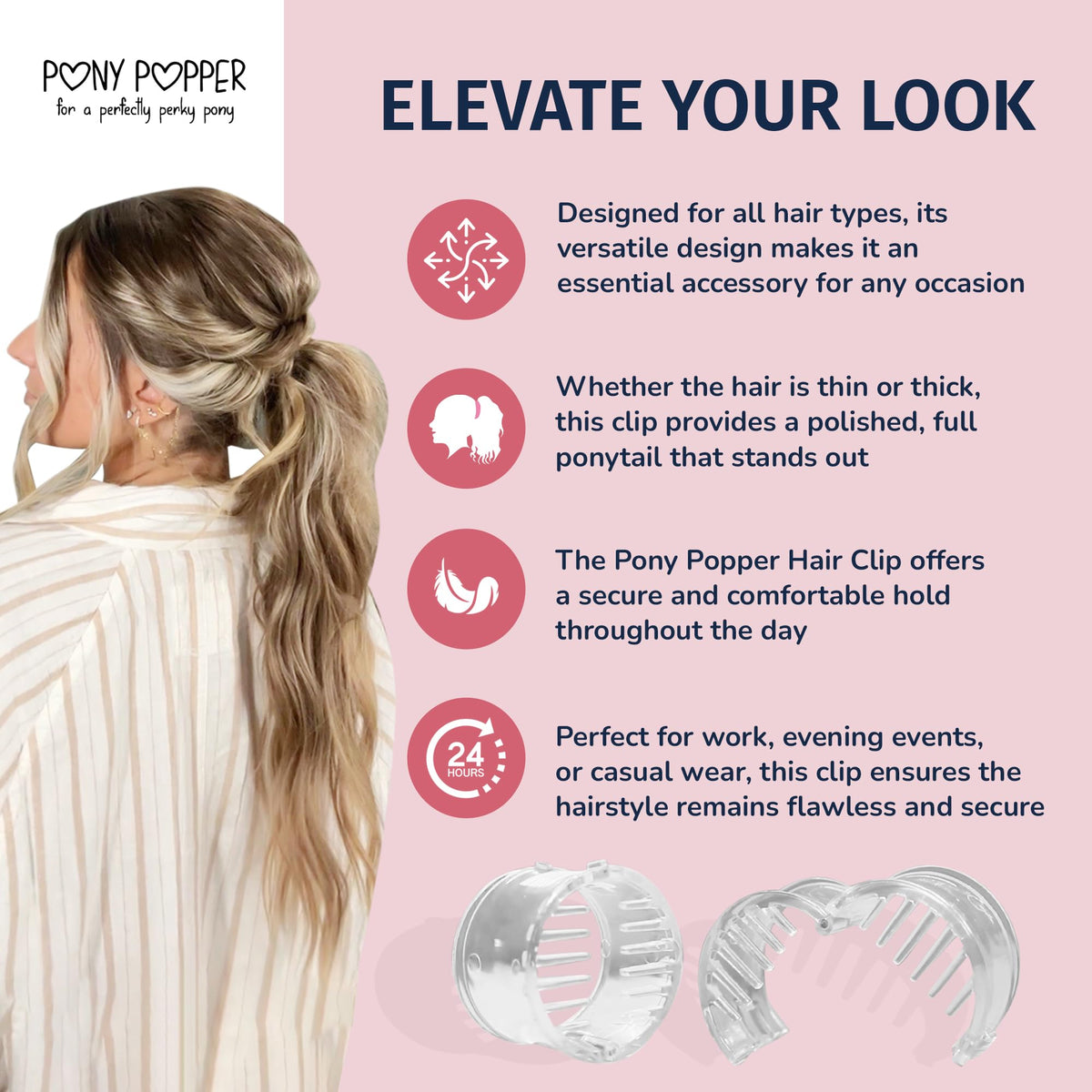 Pony Popper in-use creating high ponytail for lifted look benefit