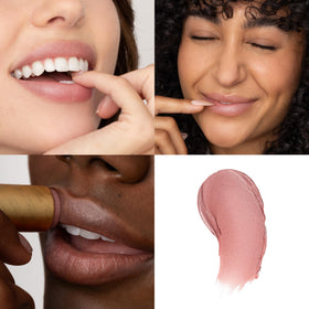 Poppy & Pout applying Beverly lip tint illustrating buildable mauvy-pink color