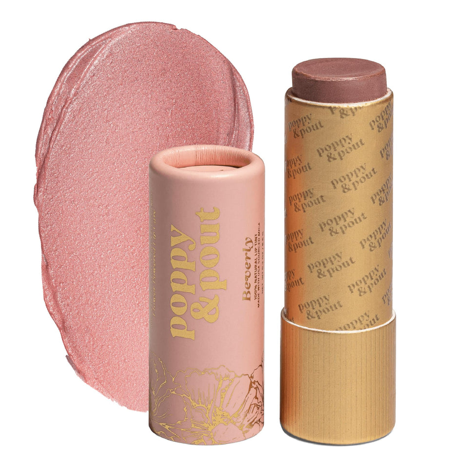 Poppy & Pout front packaging showing Beverly shade and recyclable tube benefit