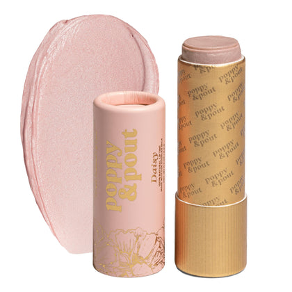 Poppy & Pout front packaging showing shade Daisy and recyclable tube benefits