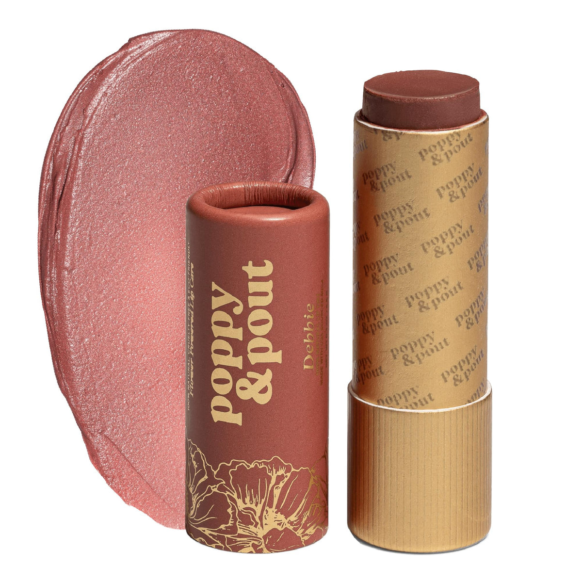 Poppy & Pout front packaging showing label and dark peach shade, conveys natural appeal