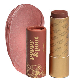 Poppy & Pout front packaging showing label and dark peach shade, conveys natural appeal