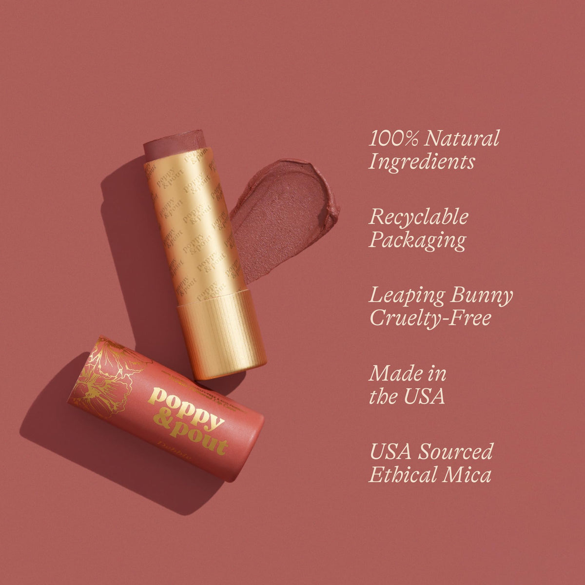 Poppy & Pout open tube texture close-up, showing smooth balm and easy application benefit