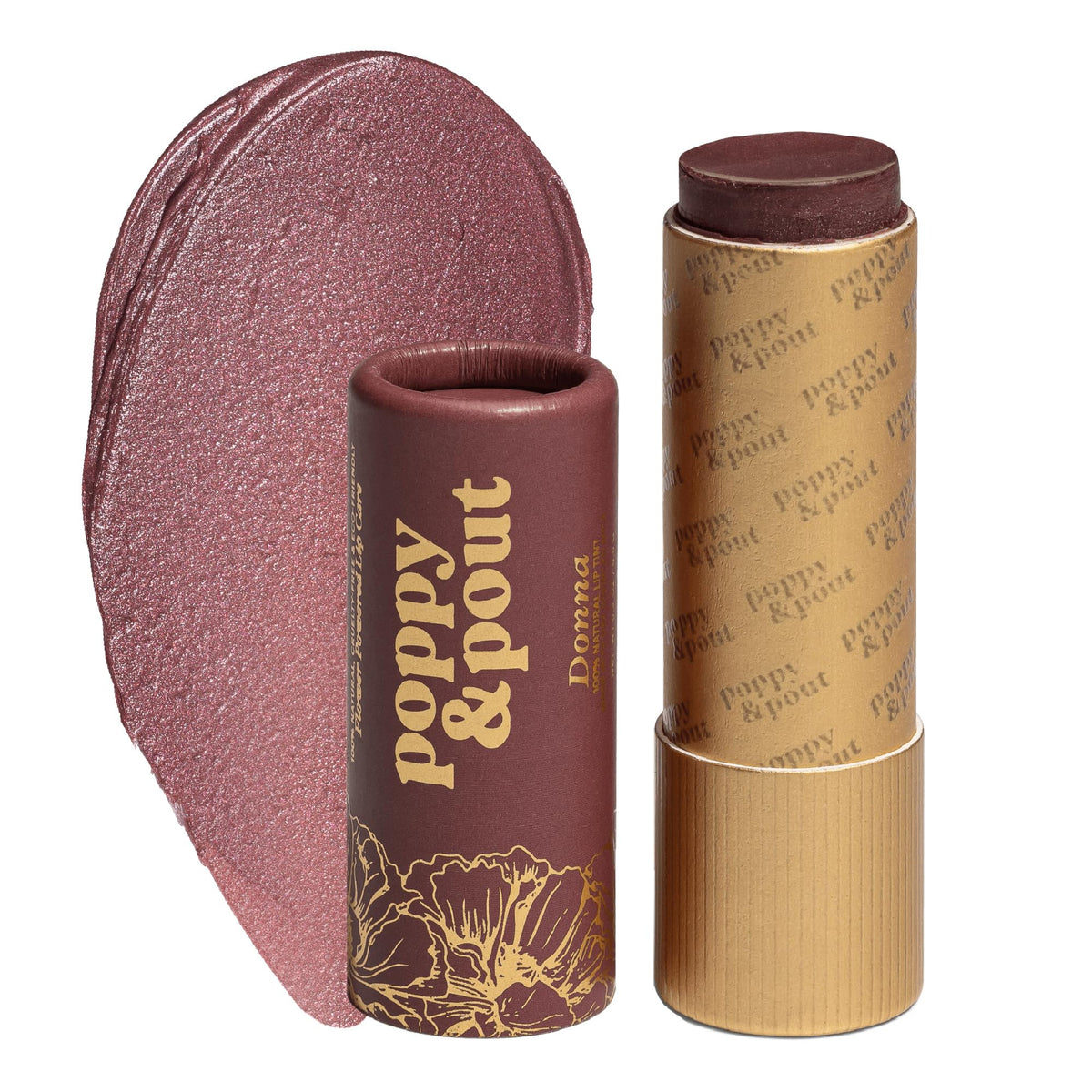 Poppy & Pout front packaging showing plum shade and recyclable tube benefit