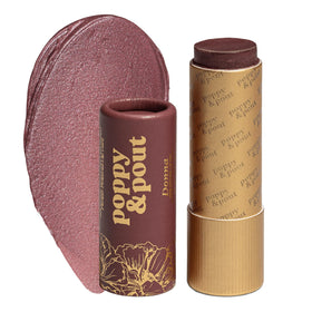 Poppy & Pout front packaging showing plum shade and recyclable tube benefit