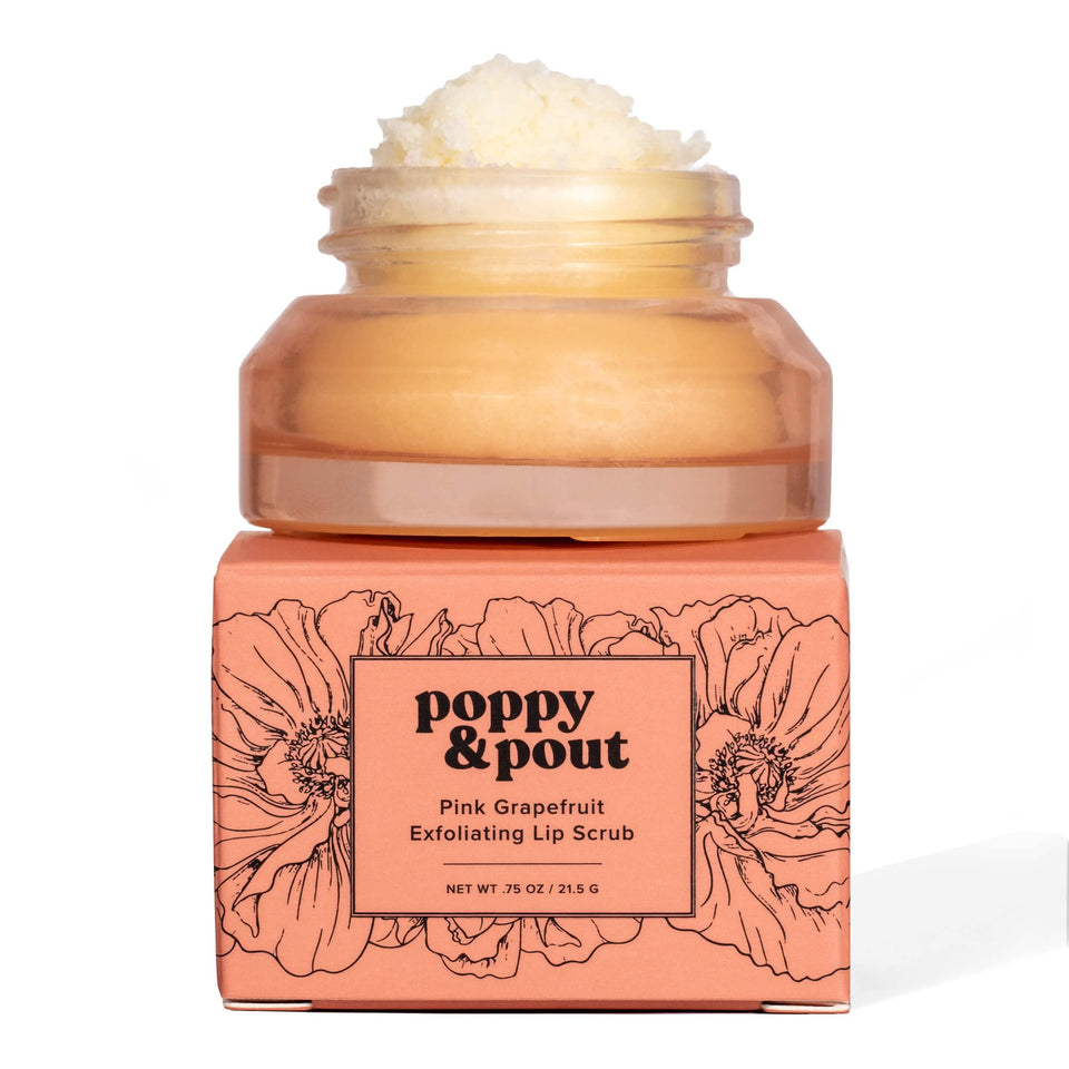 Poppy & Pout front packaging showing jar and pink grapefruit scent benefits hydration
