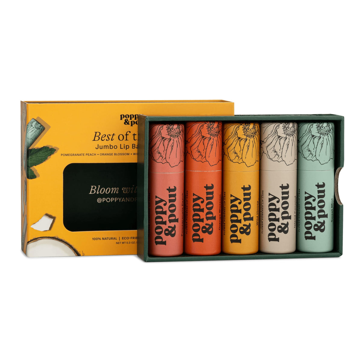 Poppy & Pout front packaging showing five-flavor jumbo gift set and recyclable box benefit