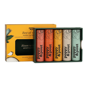 Poppy & Pout front packaging showing five-flavor jumbo gift set and recyclable box benefit
