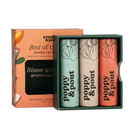 Poppy & Pout front packaging showing three-flavor gift set and eco benefits