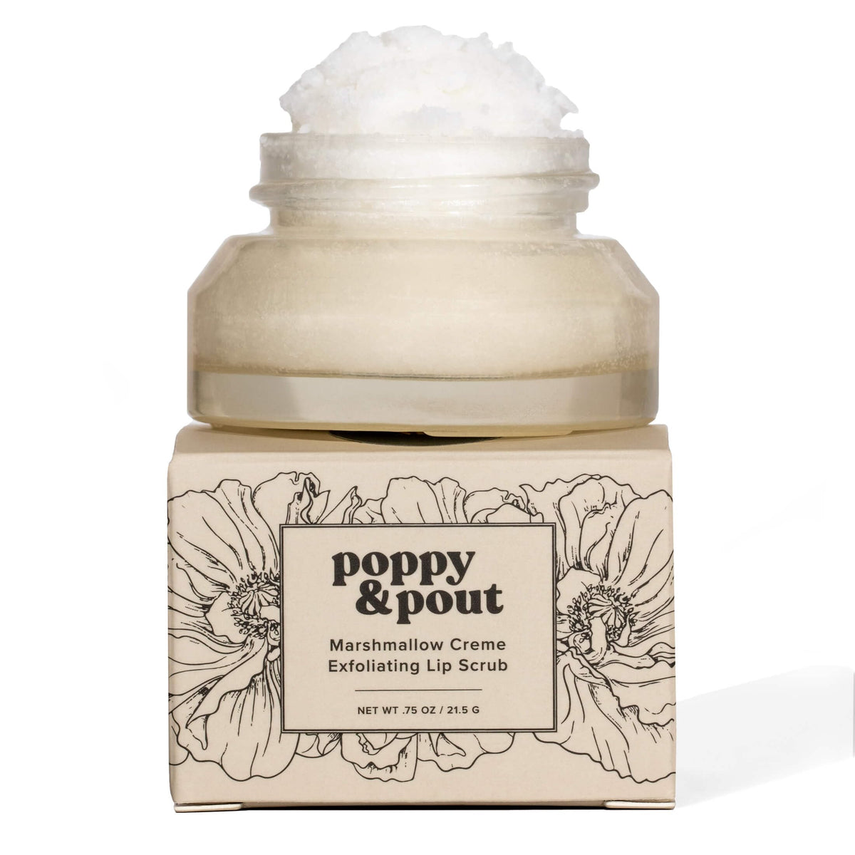 Poppy & Pout front jar showing marshmallow creme label and recyclable glass benefit