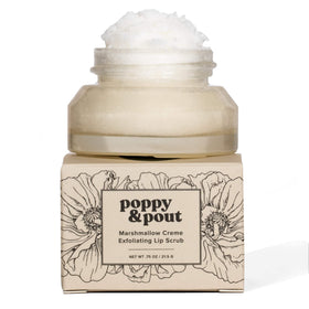 Poppy & Pout front jar showing marshmallow creme label and recyclable glass benefit