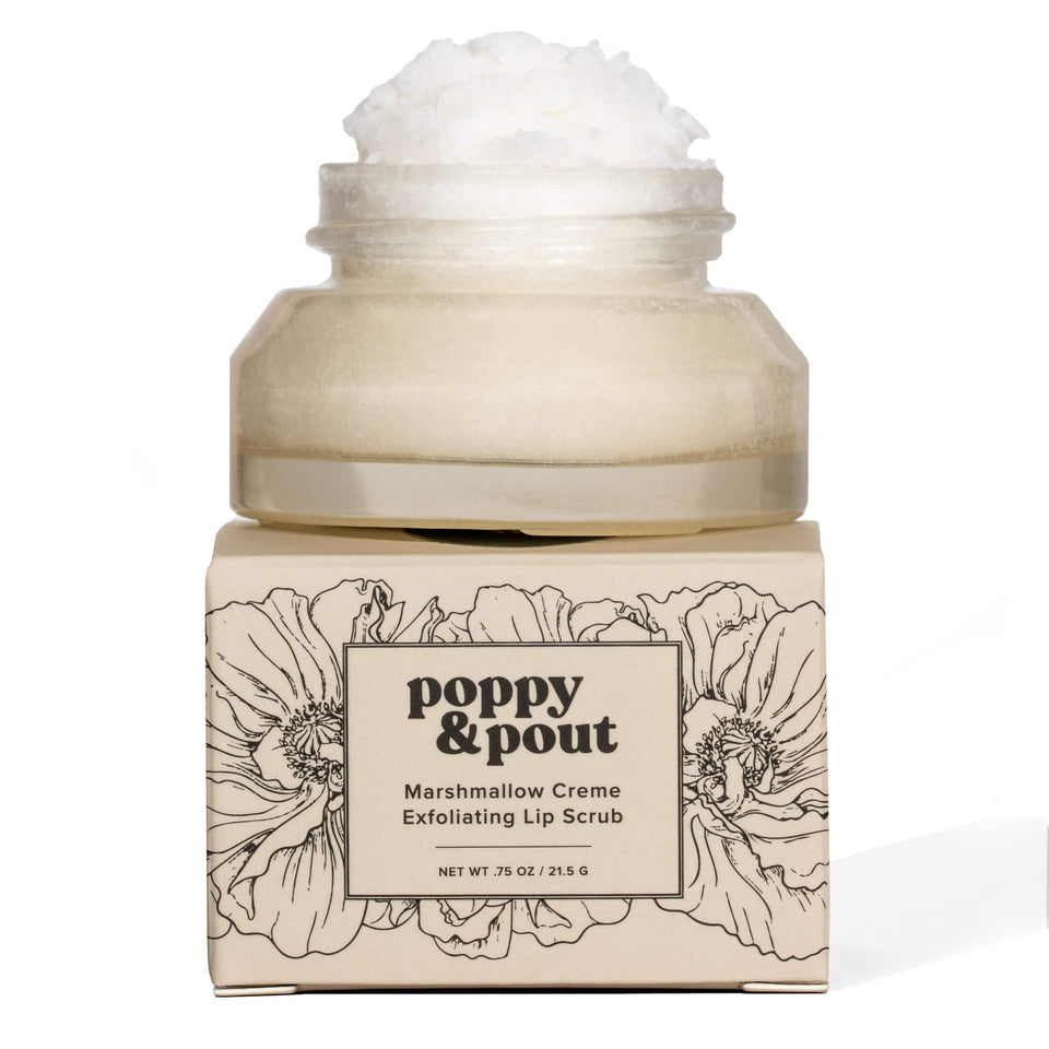 Poppy & Pout front jar showing marshmallow creme label and recyclable glass benefit