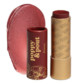 Poppy & Pout front packaging showing Penny shade and recyclable tube benefit