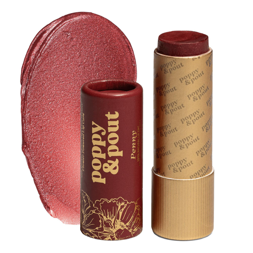 Poppy & Pout front packaging showing Penny shade and recyclable tube benefit