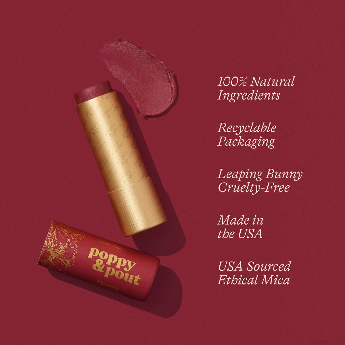 Poppy & Pout open cardboard tube close-up showing product finish and application ease