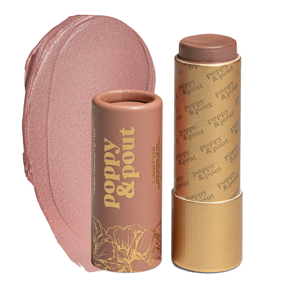 Poppy & Pout front packaging in cardboard tube showing eco-friendly design and benefit