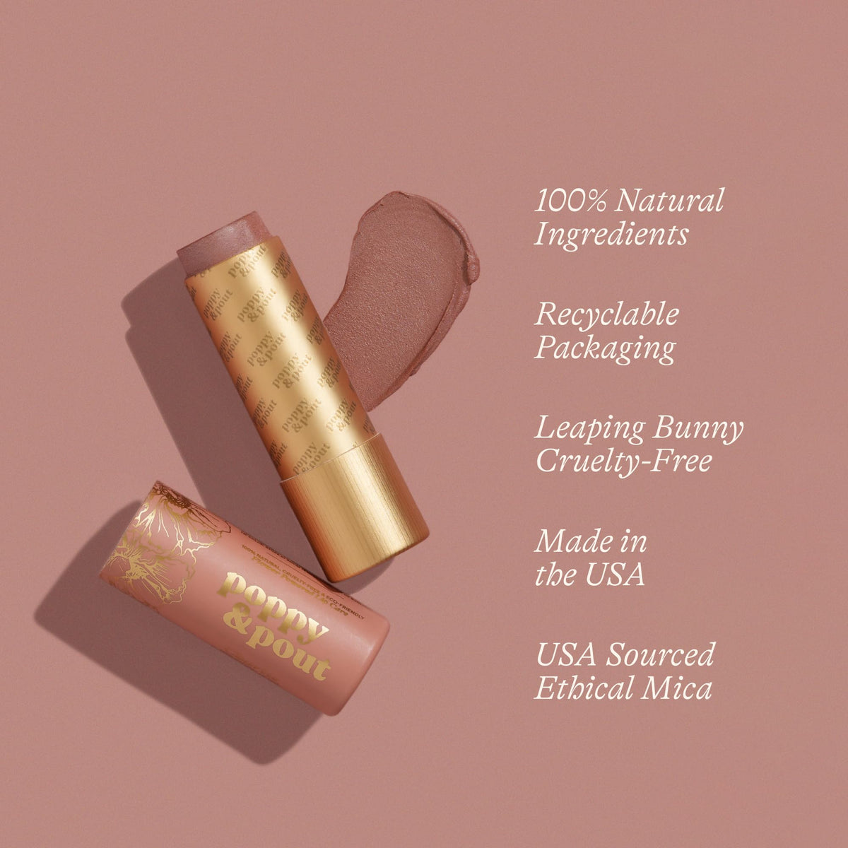Poppy & Pout label closeup displaying shade name Charlie and ingredient transparency benefit