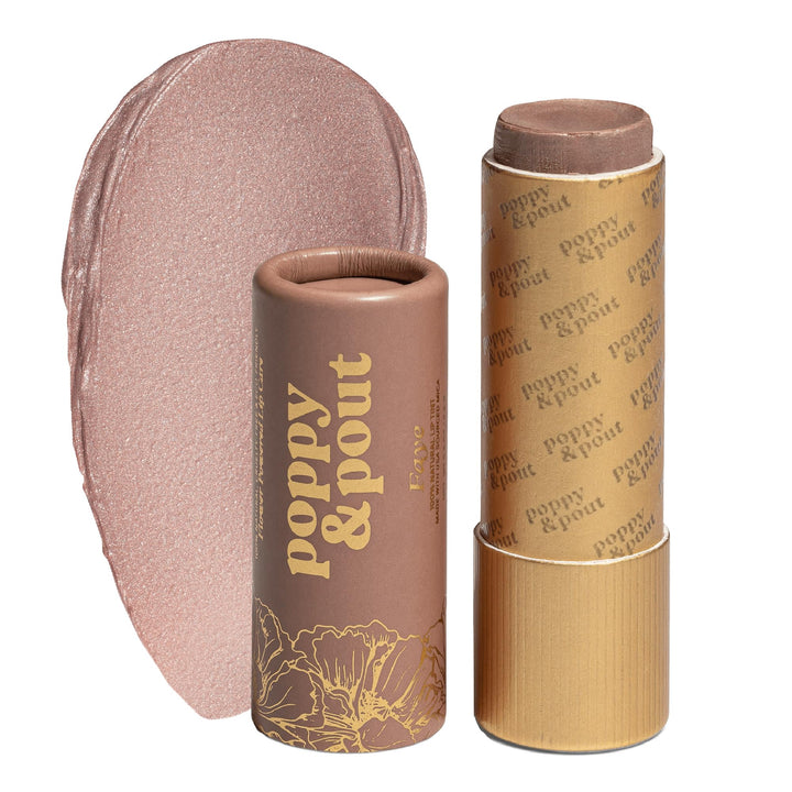 Poppy & Pout front packaging showing taupe tint and recyclable tube benefits