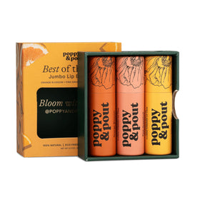 Poppy & Pout front packaging showing three jumbo citrus lip balms and eco tube benefits