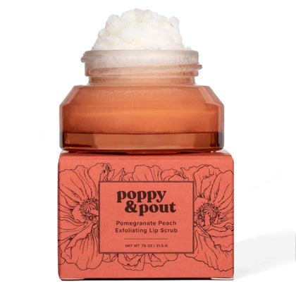 Poppy & Pout front jar view showing pomegranate peach label and recyclable glass