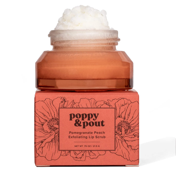 Poppy & Pout front jar view showing pomegranate peach label and recyclable glass