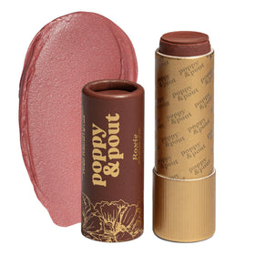 Poppy & Pout Roxie front packaging showing recyclable cardboard tube and label benefits