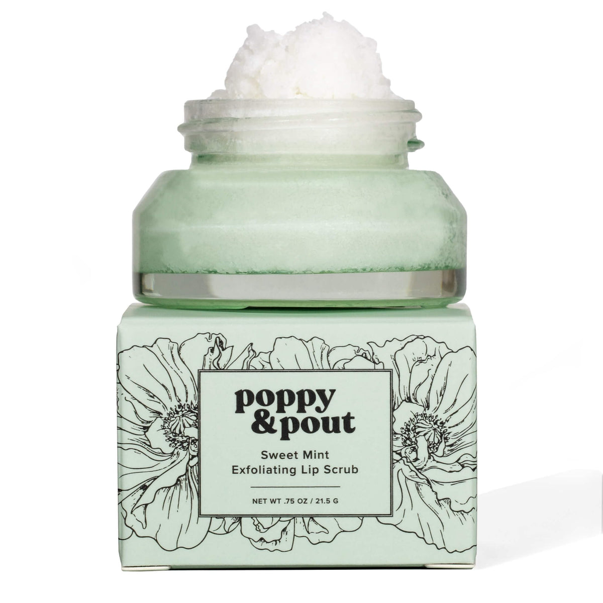 Poppy & Pout front jar showing Sweet Mint label and recyclable glass benefit